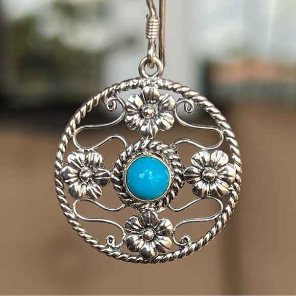 Arizona Sleeping Beauty Turquoise Sterling Silver Floral Dangle Earrings - Picture 5 of 10